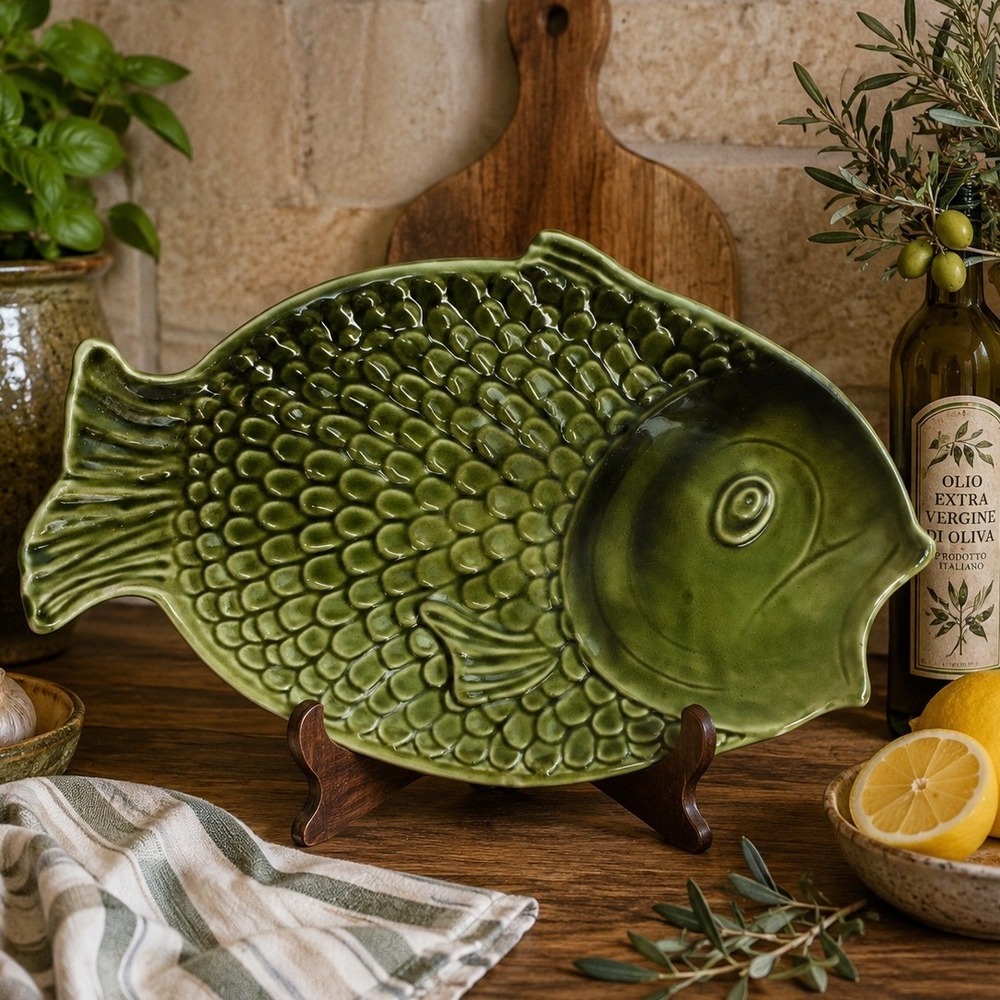 Vintage SylvaC Fish Platter Olive Green Ceramic Serving Dish Retro Coastal Decor